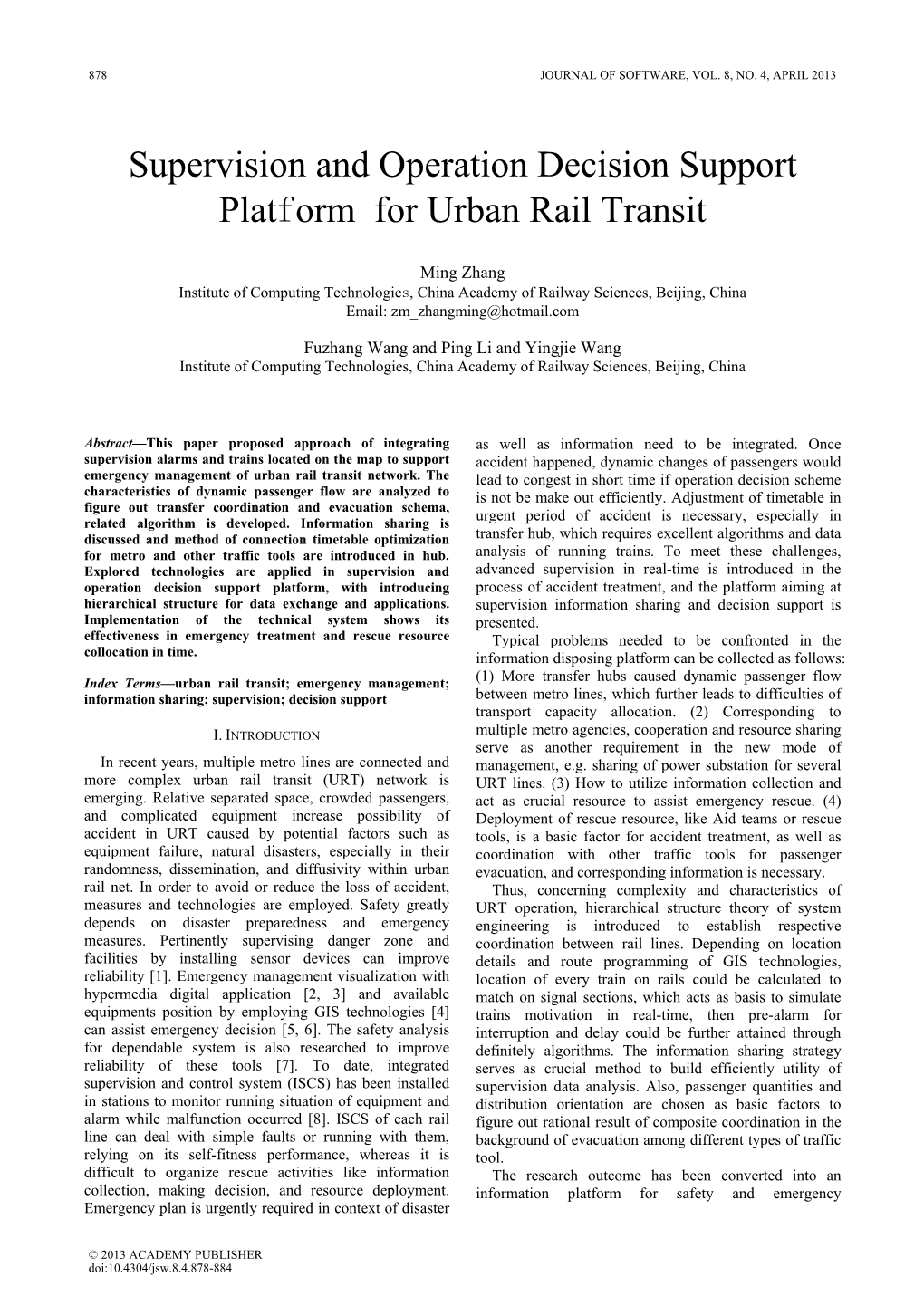 Supervision and Operation Decision Support Platform for Urban Rail Transit