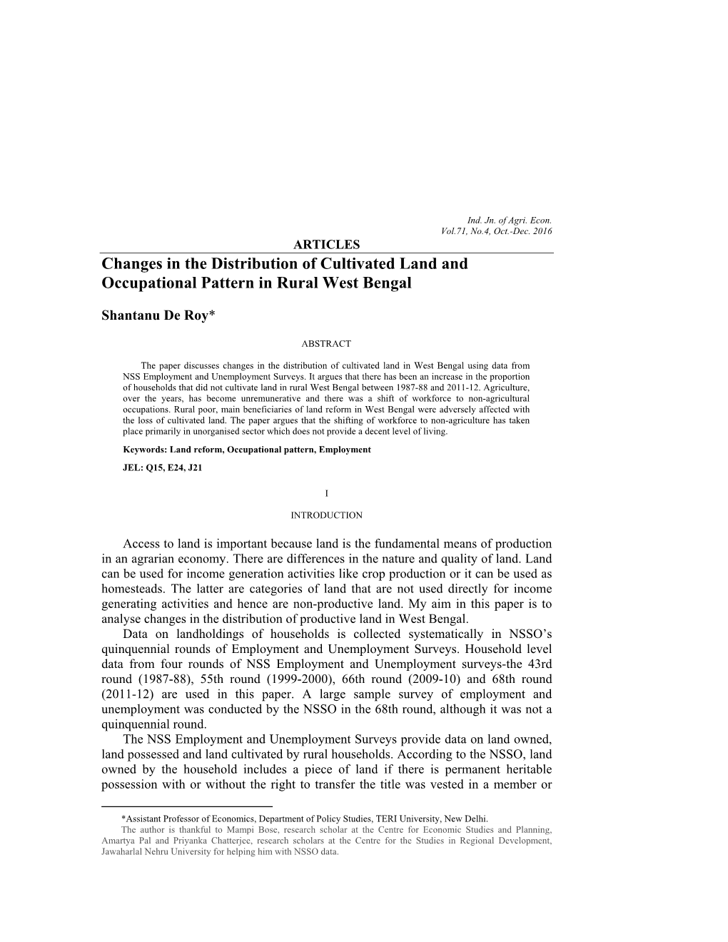 Changes in the Distribution of Cultivated Land and Occupational Pattern in Rural West Bengal