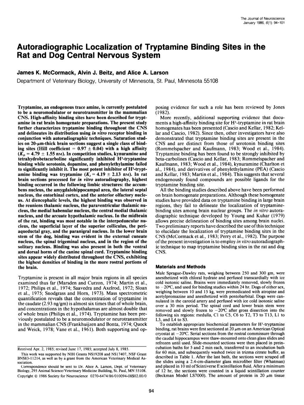 Autoradiographic Localization of Tryptamine Binding Sites in the Rat and Dog Central Nervous System