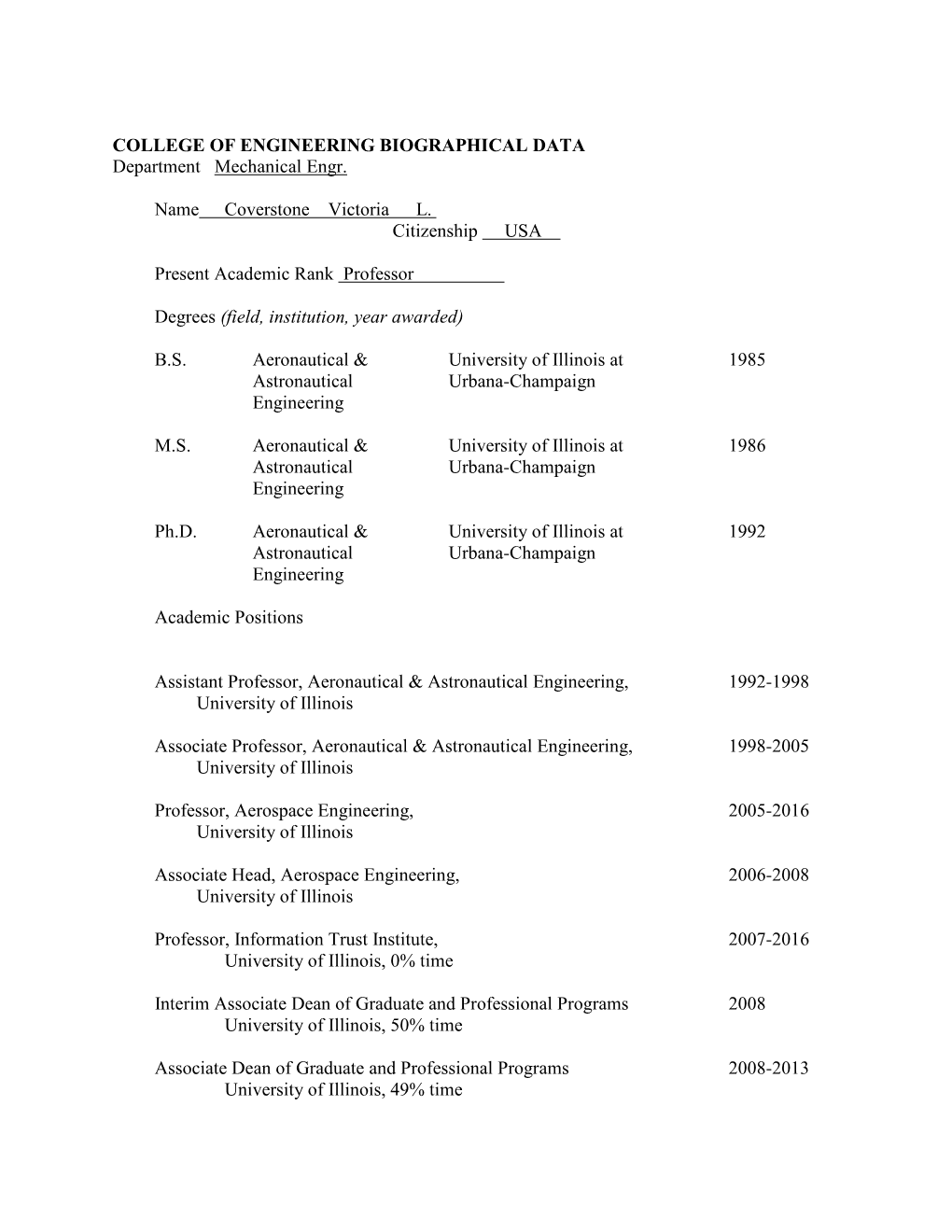 COLLEGE of ENGINEERING BIOGRAPHICAL DATA Department Mechanical Engr