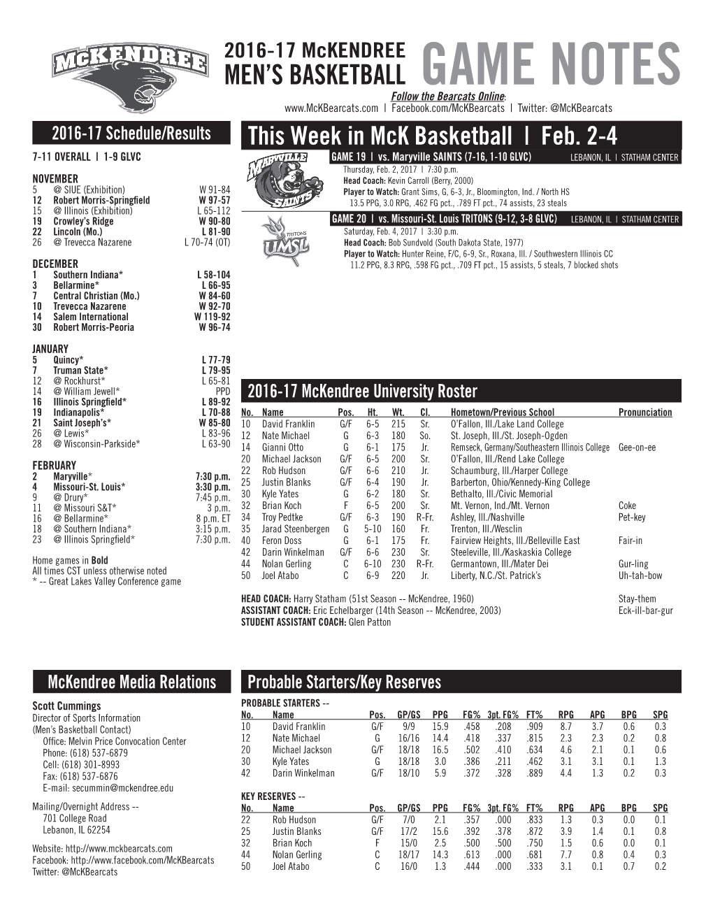 Men's Basketball Game Notes