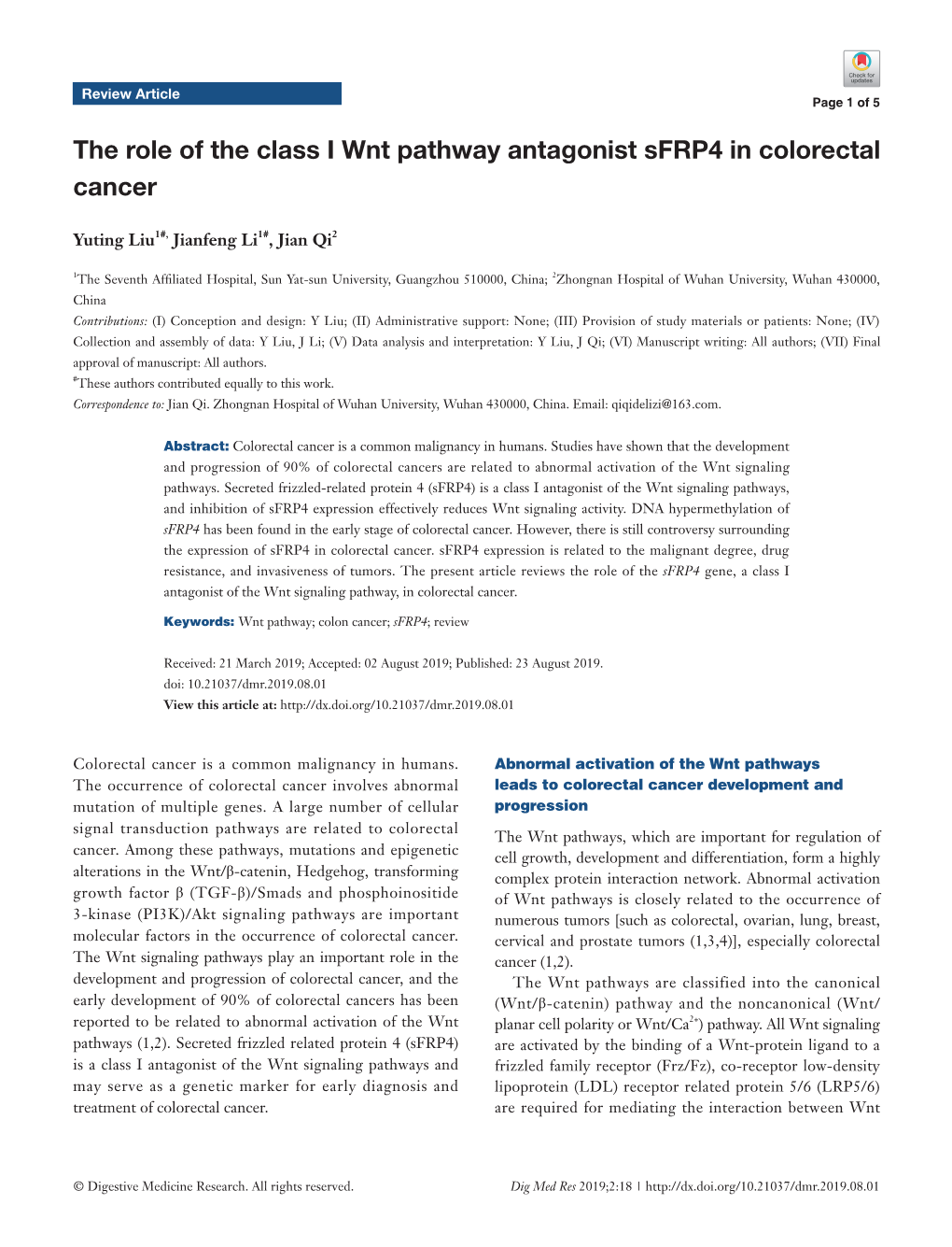 The Role of the Class I Wnt Pathway Antagonist Sfrp4 in Colorectal Cancer