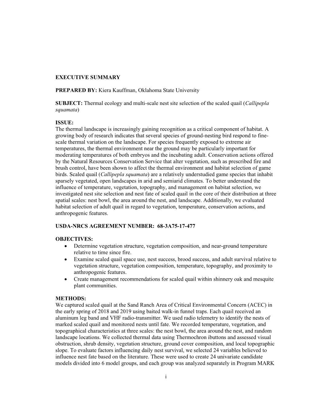 Thermal Ecology and Multi-Scale Nest Site Selection of the Scaled Quail (Callipepla Squamata)