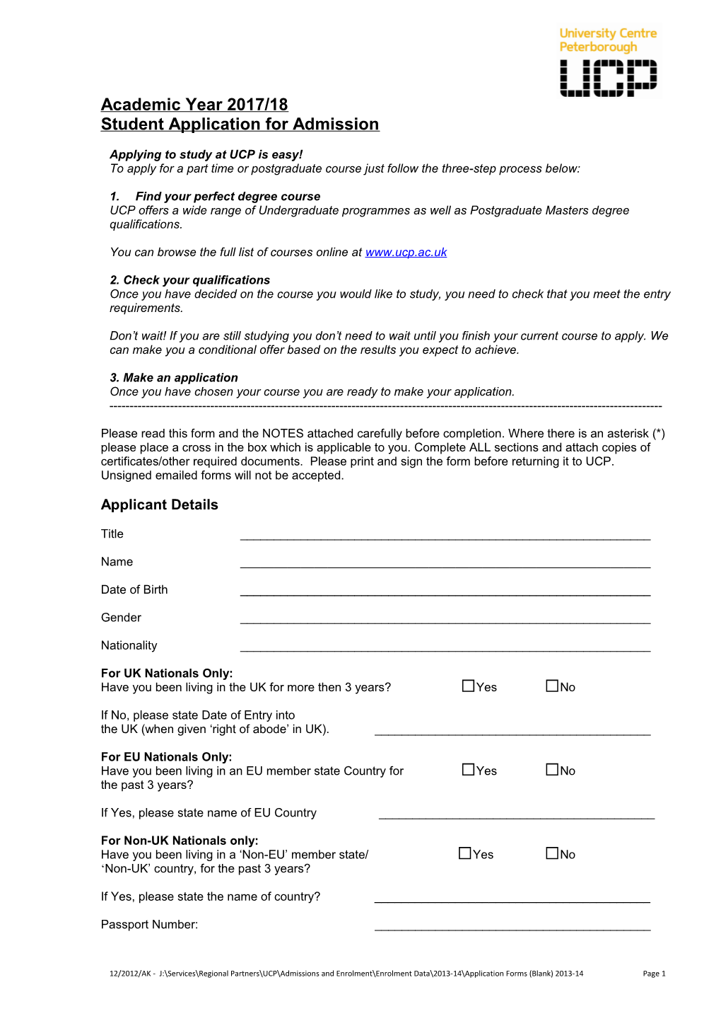 Student Application for Admission