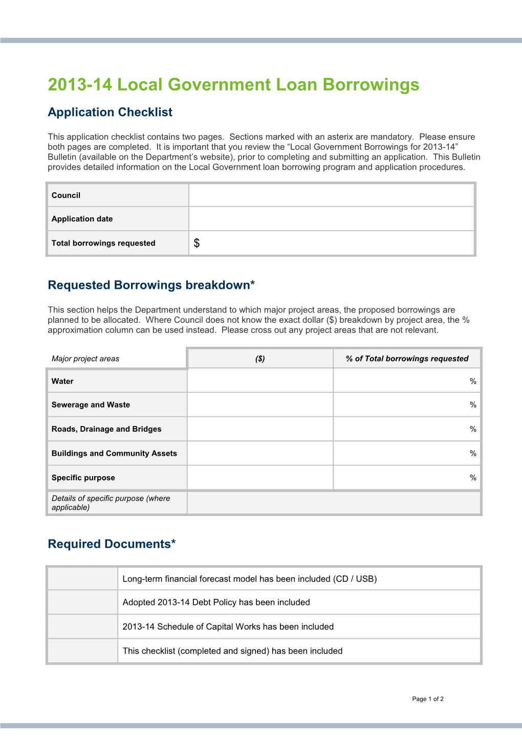 2013-14 Local Government Loan Borrowings Application Checklist