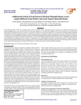 Antibacterial Activity of Leaf Extract of Mexican Marigold (Tagetes Erecta) Against Different Gram Positive and Gram Negative Bacterial Strains