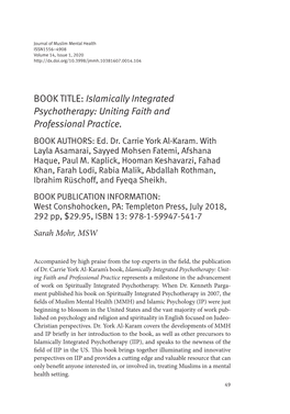 BOOK TITLE: Islamically Integrated Psychotherapy: Uniting Faith and Professional Practice