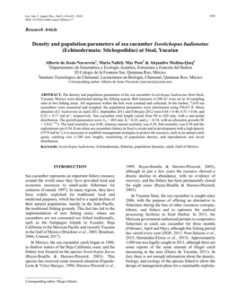 Density and Population Parameters of Sea Cucumber Isostichopus Badionotus (Echinodermata: Stichopodidae) at Sisal, Yucatan