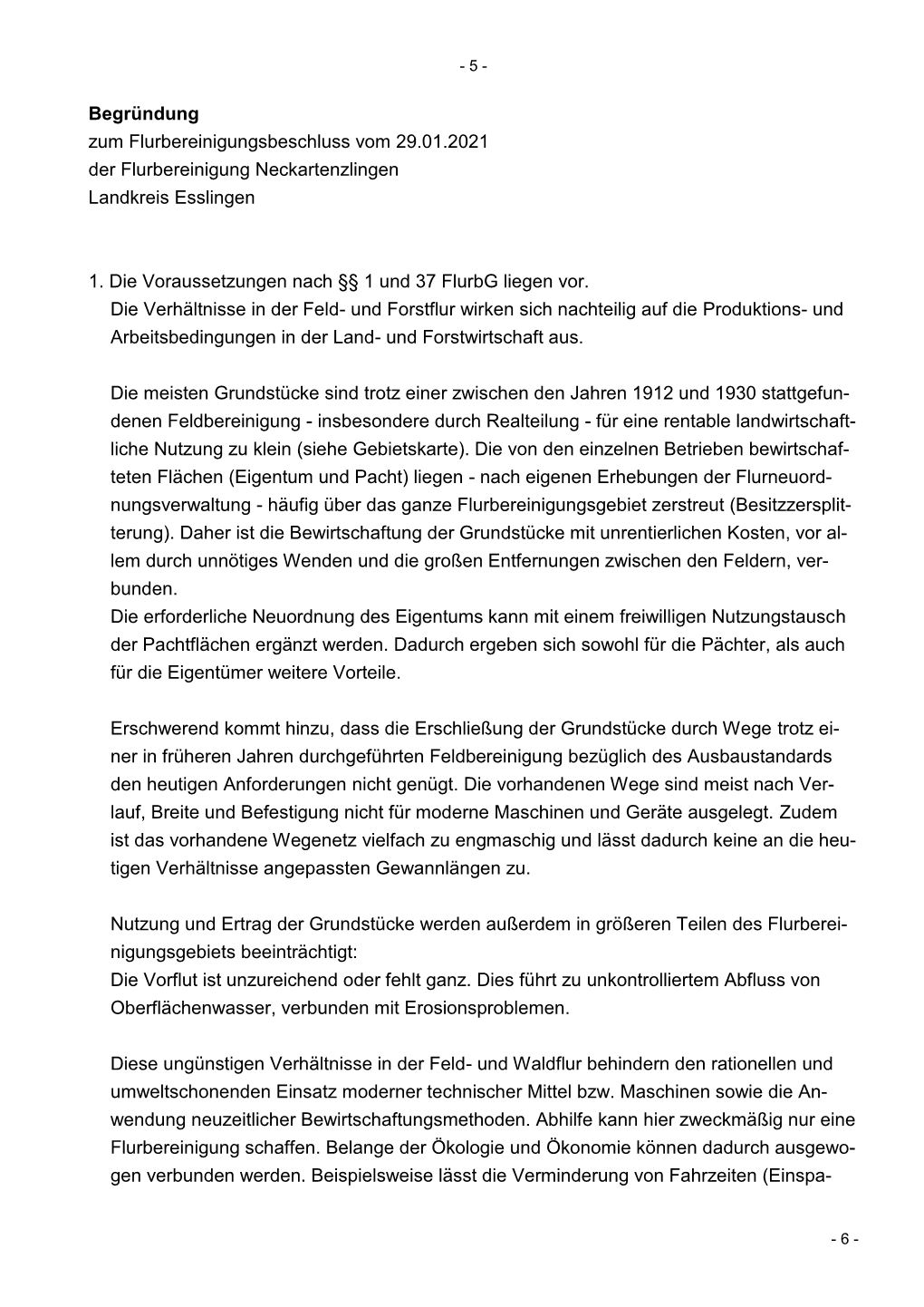 Begründung Zum Flurbereinigungsbeschluss Vom 29.01.2021 Der Flurbereinigung Neckartenzlingen Landkreis Esslingen