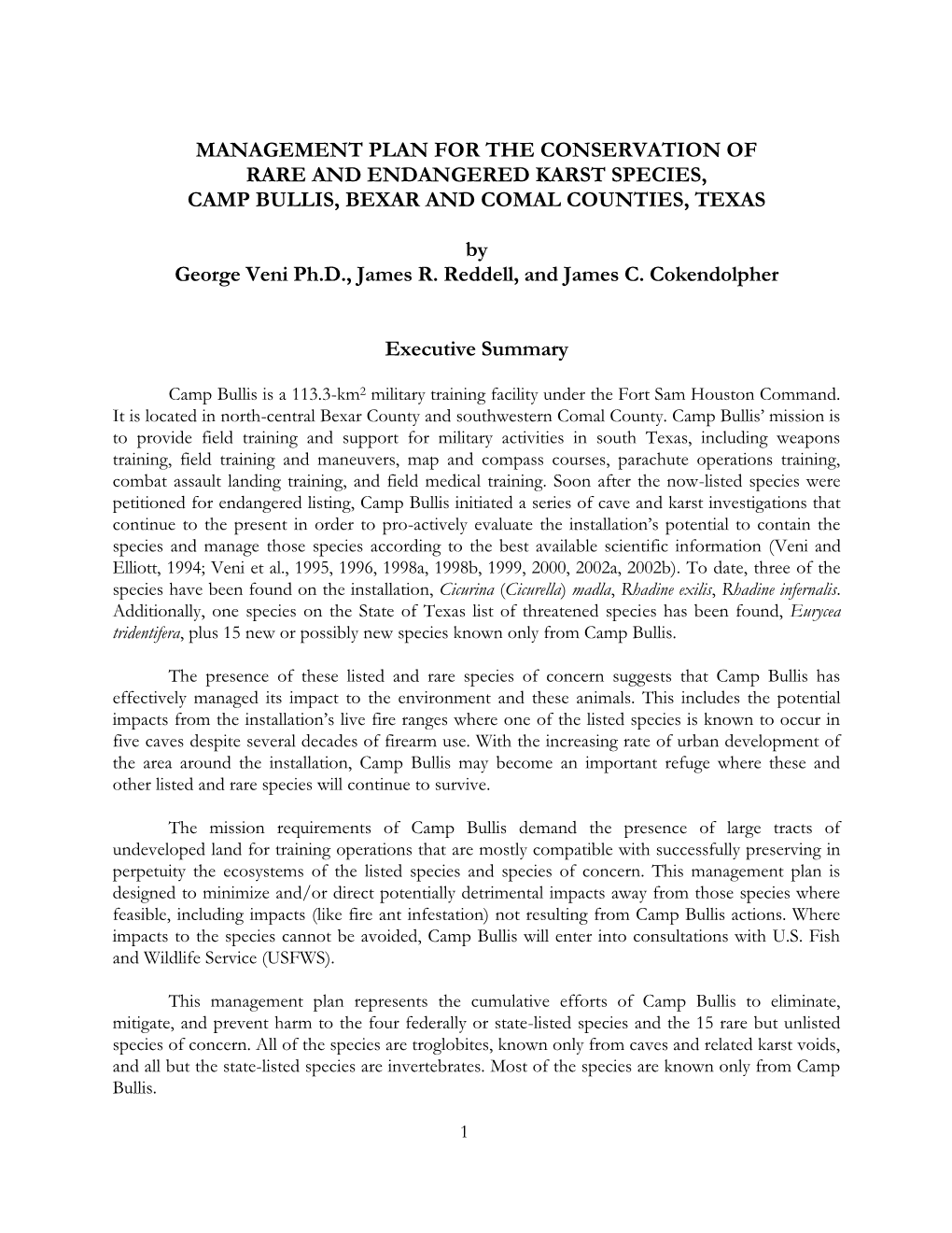 Environmental Karst Site Assessment, Camp Bullis, Texas: Maneuver Areas 8, 9, 10, and 11, and Southern Cantonment 144