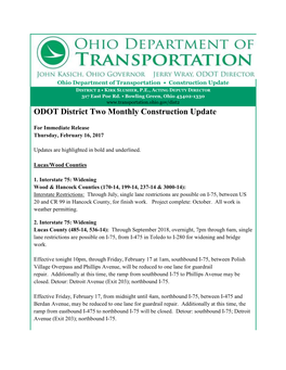 ODOT District Two Monthly Construction Update