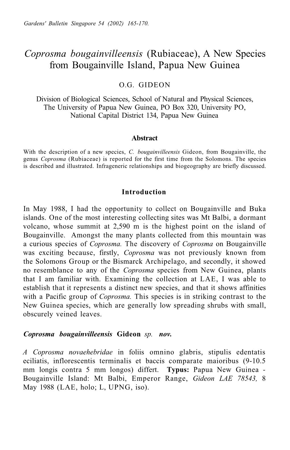 Coprosma Bougainvilleensis (Rubiaceae), a New Species from Bougainville Island, Papua New Guinea