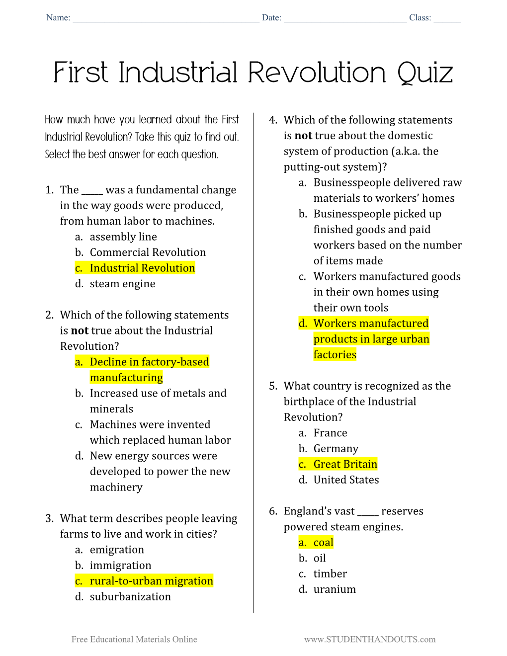 First Industrial Revolution Quiz