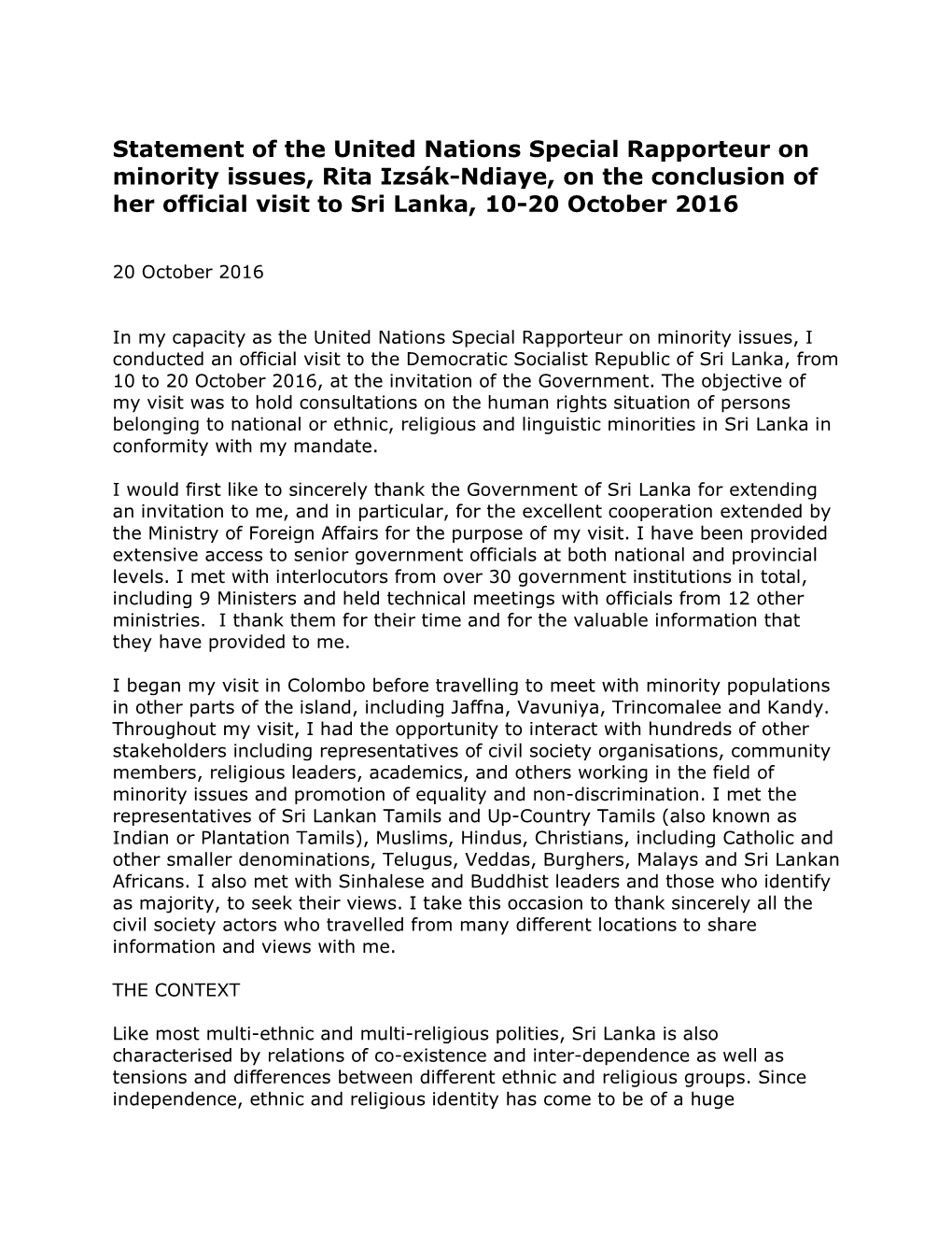 Statement of the United Nations Special Rapporteur on Minority Issues, Rita Izsák-Ndiaye, on the Conclusion of Her Official Visit to Sri Lanka, 10-20 October 2016