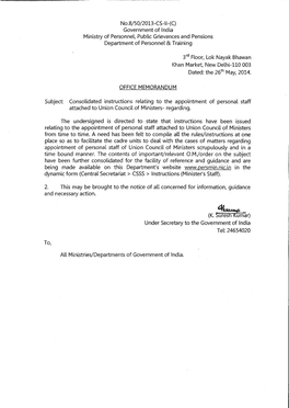 Consolidated Instructions- Entitlement of Personal Staff of Ministers