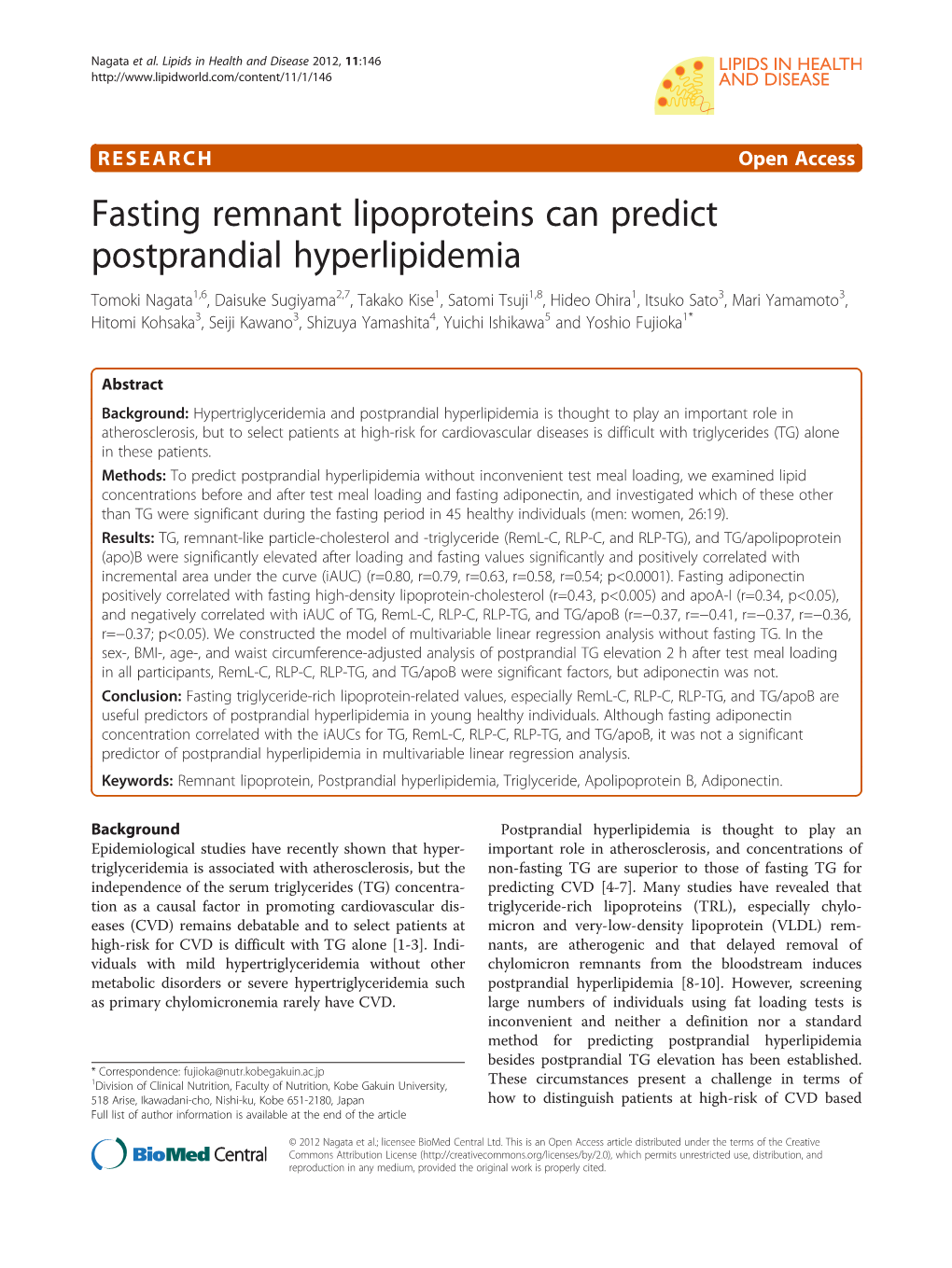 Fasting Remnant Lipoproteins Can Predict Postprandial Hyperlipidemia