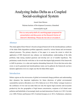 Analyzing Indus Delta As a Coupled Social-Ecological System