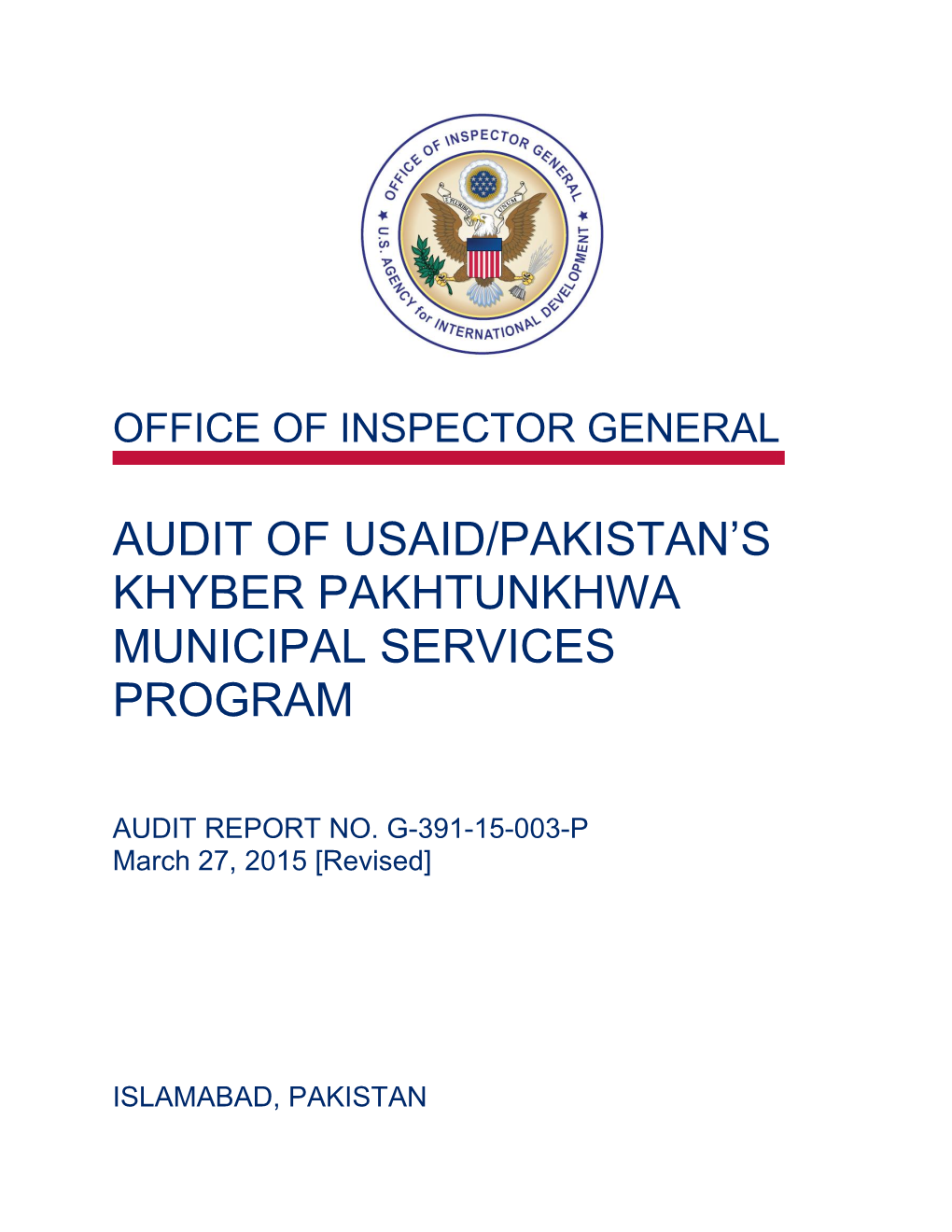 Audit of Usaid/Pakistan's Khyber Pakhtunkhwa