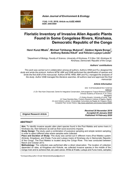 Floristic Inventory of Invasive Alien Aquatic Plants Found in Some Congolese Rivers, Kinshasa, Democratic Republic of the Congo