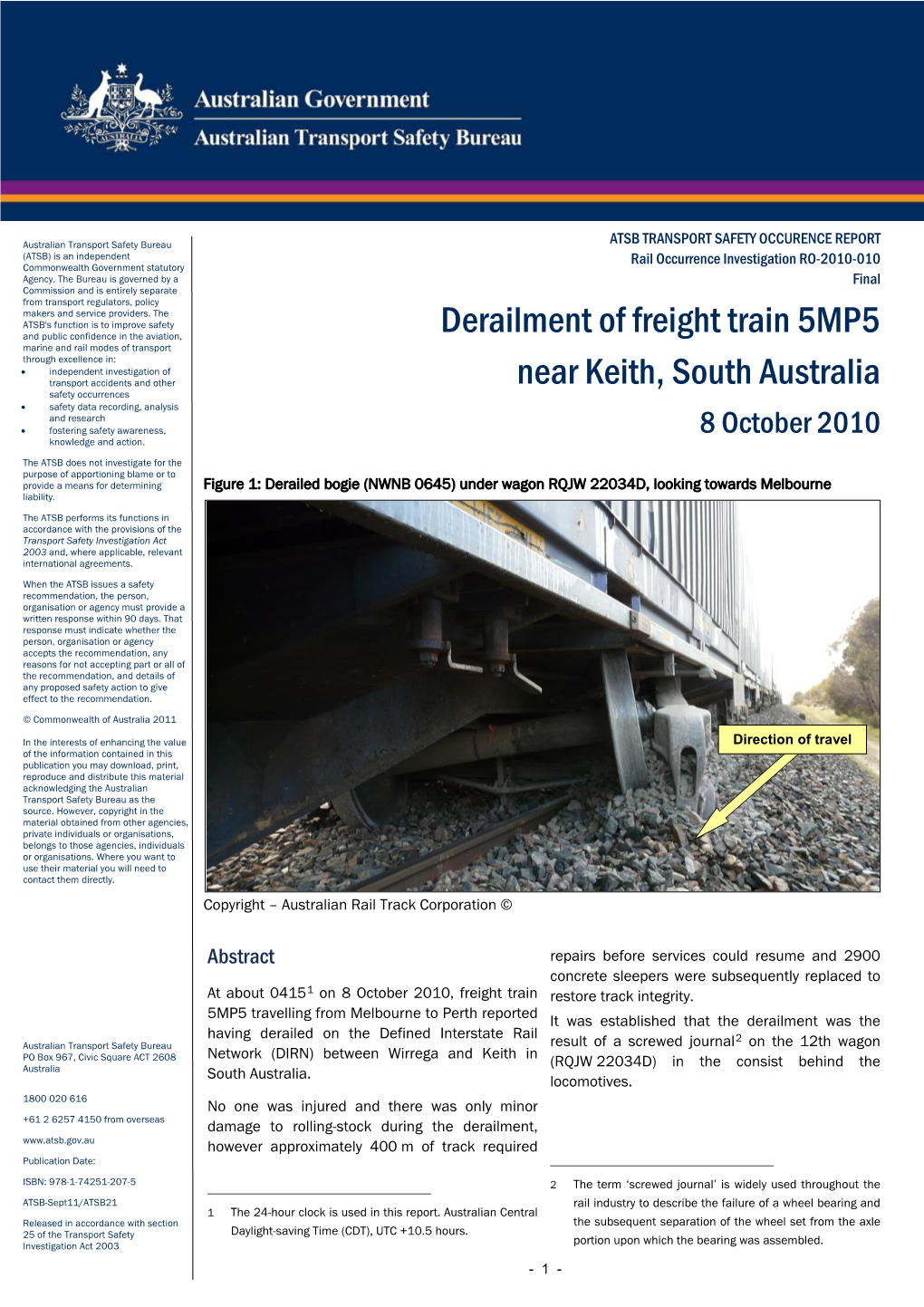 Derailment of Freight Train 5MP5 Near Keith, South Australia, 8 October 2010