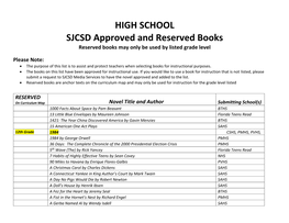HIGH SCHOOL SJCSD Approved and Reserved Books Reserved Books May Only Be Used by Listed Grade Level