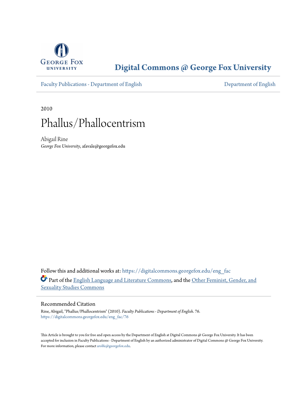 Phallus/Phallocentrism Abigail Rine George Fox University, Afavale@Georgefox.Edu