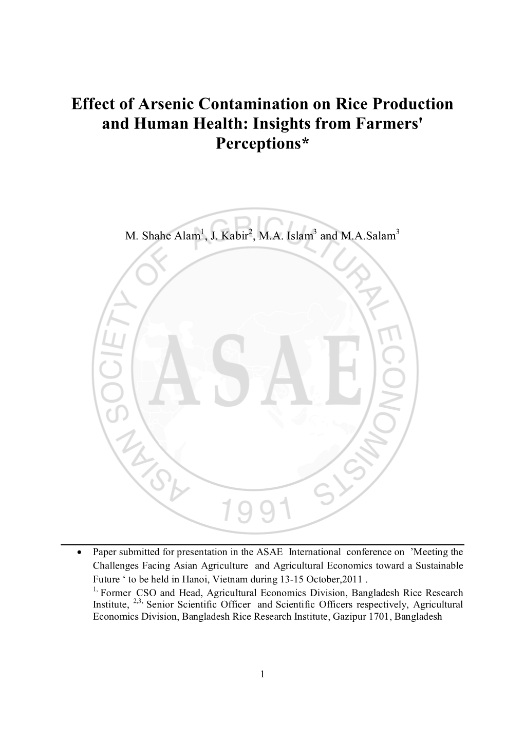 Effect of Arsenic Contamination on Rice Production and Human Health: Insights from Farmers' Perceptions*
