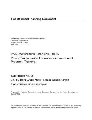 Resettlement Planning Document PAK: Multitranche Financing Facility