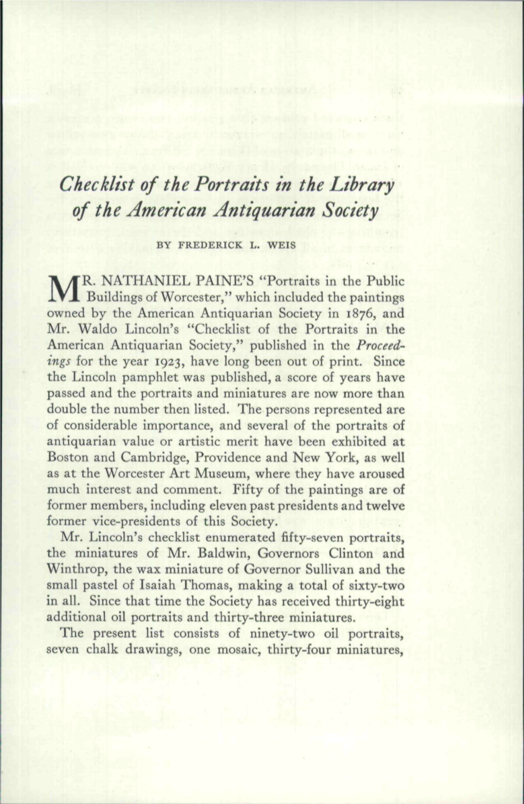 Checklist of the Portraits in the Library of the American Antiquarian Society