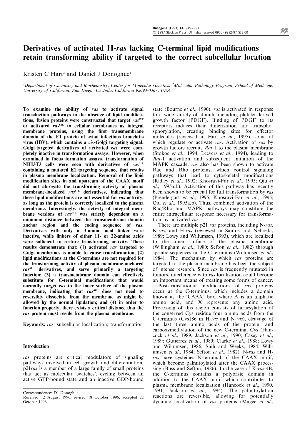 Derivatives of Activated H-Ras Lacking C-Terminal Lipid Modifications Retain Transforming Ability If Targeted to the Correct