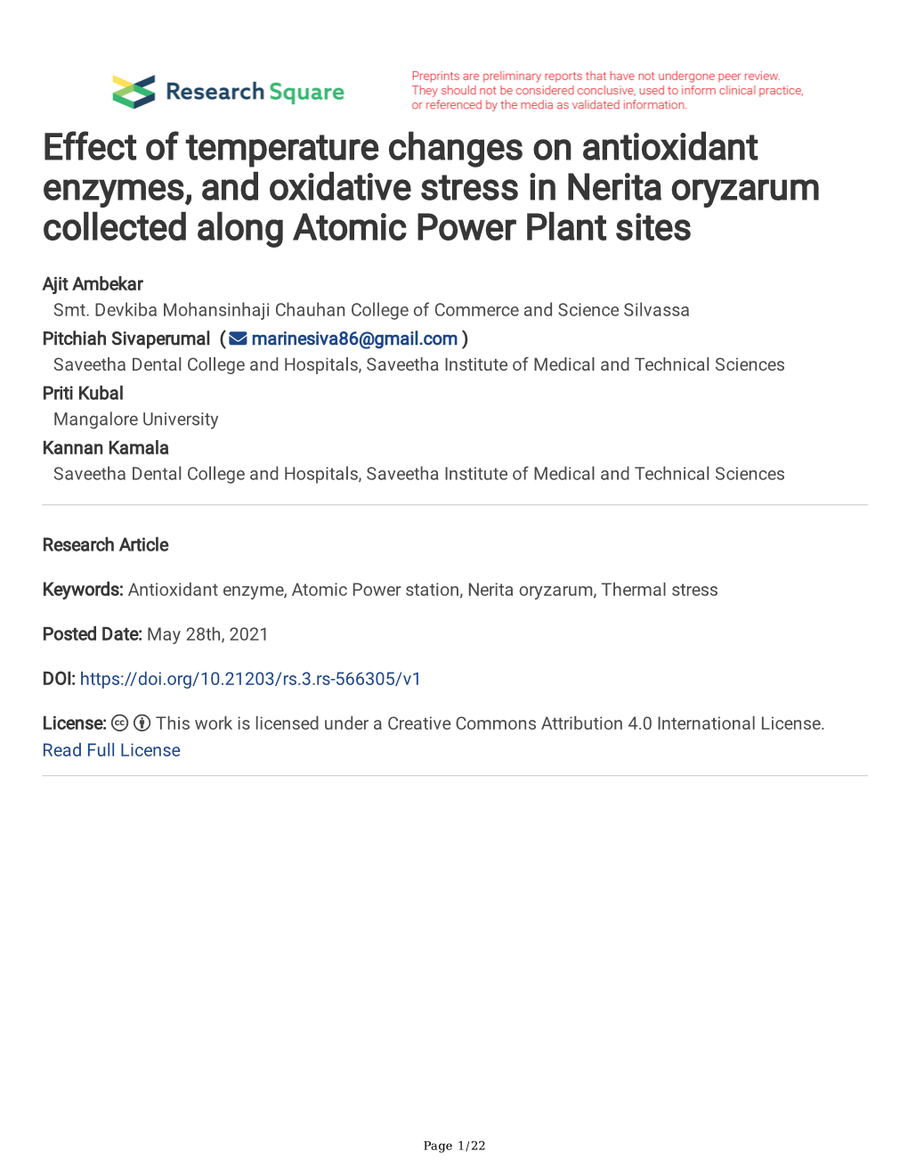 Effect of Temperature Changes on Antioxidant Enzymes, and Oxidative Stress in Nerita Oryzarum Collected Along Atomic Power Plant Sites