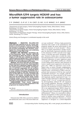 Microrna-1294 Targets HOXA9 and Has a Tumor Suppressive Role in Osteosarcoma