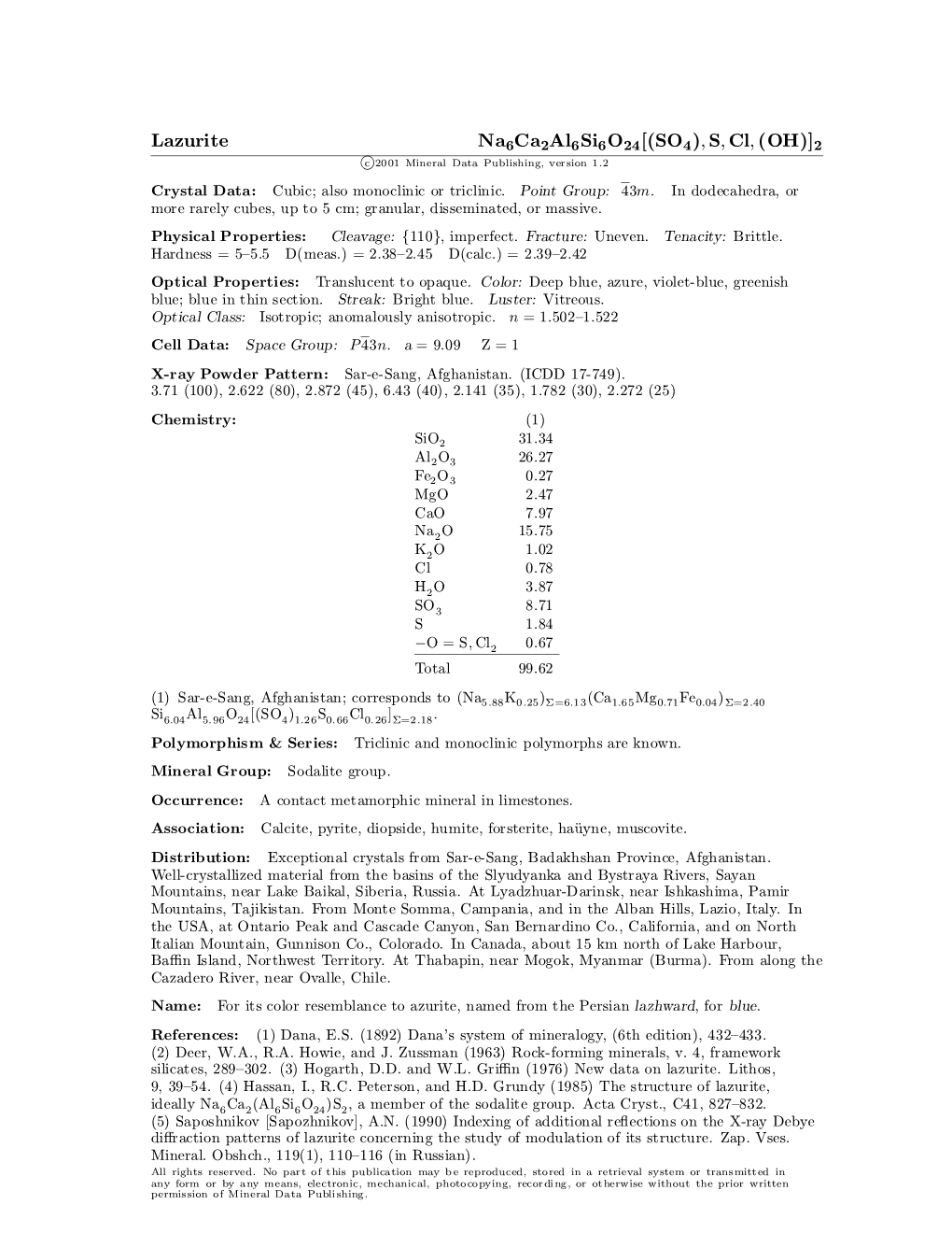 Lazurite Na6ca2al6si6o24[(SO4); S; Cl; (OH)]2 C 2001 Mineral Data Publishing, Version 1.2 ° Crystal Data: Cubic; Also Monoclinic Or Triclinic