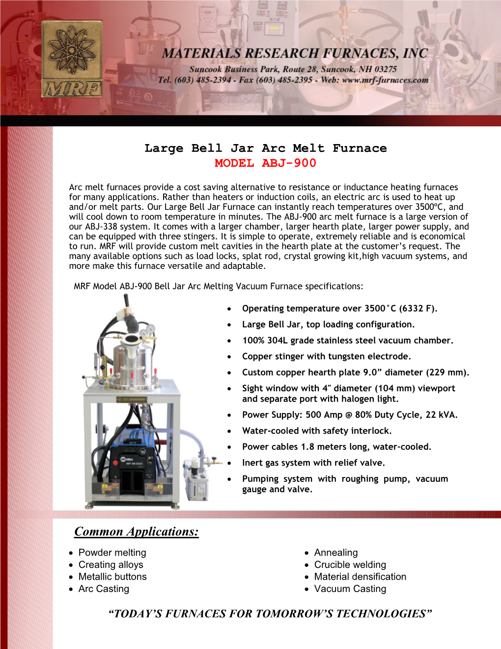 Large Bell Jar Arc Melt Furnace MODEL ABJ-900