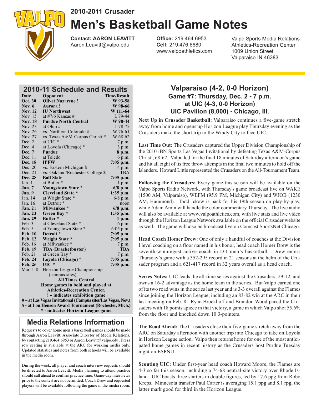 Men's Basketball Game Notes