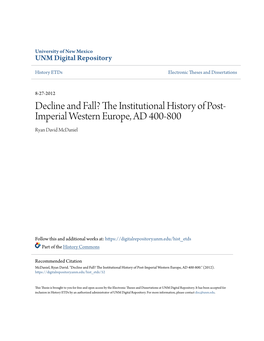 The Institutional History of Post-Imperial Western Europe, AD 400–800
