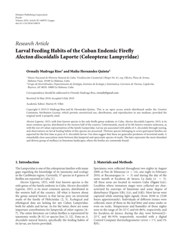 Larval Feeding Habits of the Cuban Endemic Firefly Alecton Discoidalis