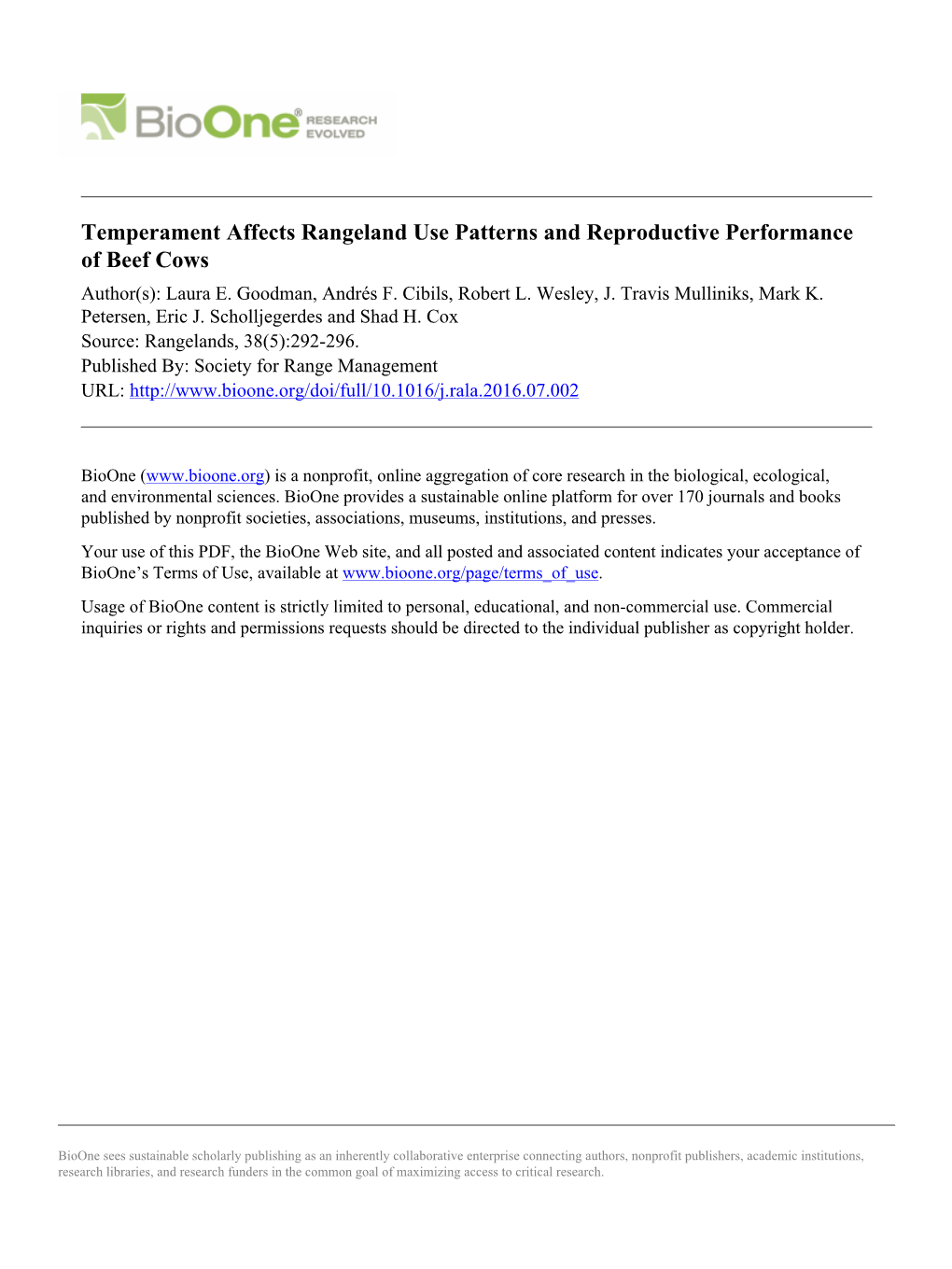 Temperament Affects Rangeland Use Patterns and Reproductive Performance of Beef Cows Author(S): Laura E