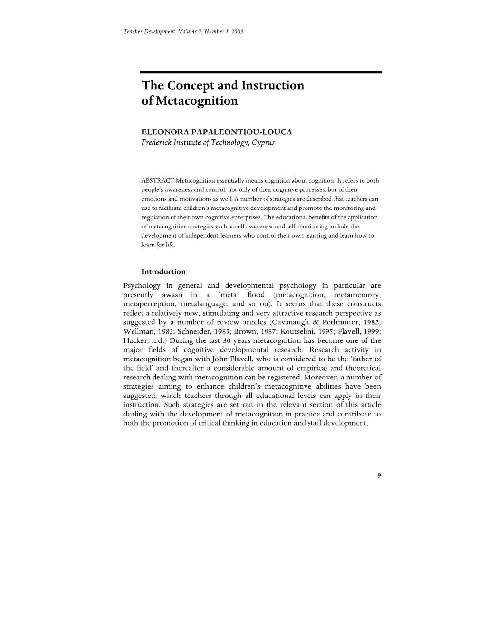 The Concept and Instruction of Metacognition