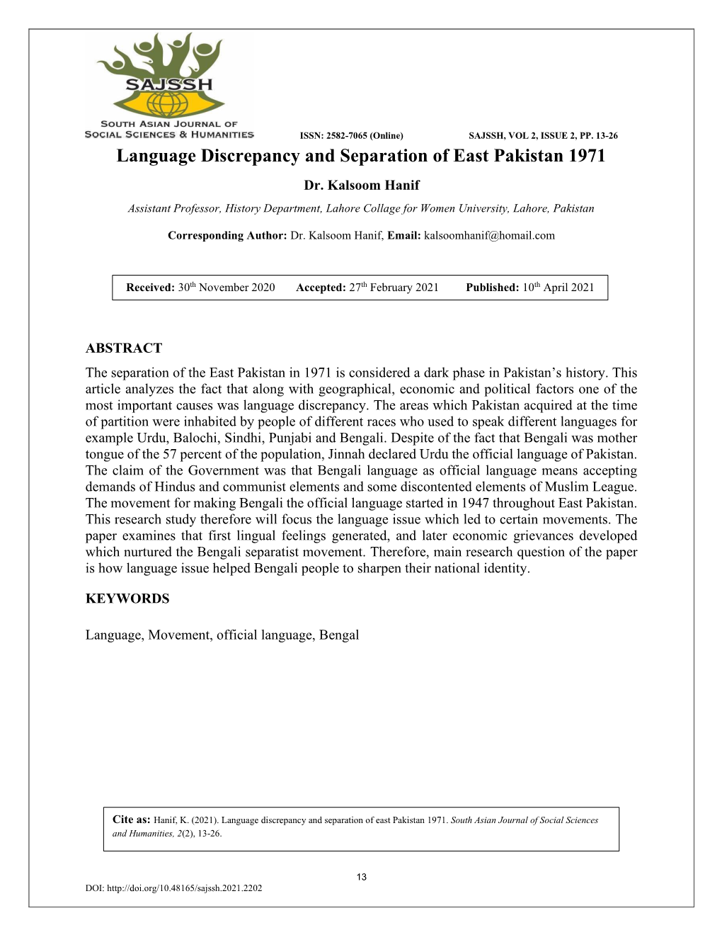 Language Discrepancy and Separation of East Pakistan 1971 Dr