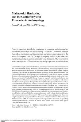 Malinowski, Herskovits, and the Controversy Over Economics in Anthropology Scott Cook and Michael W