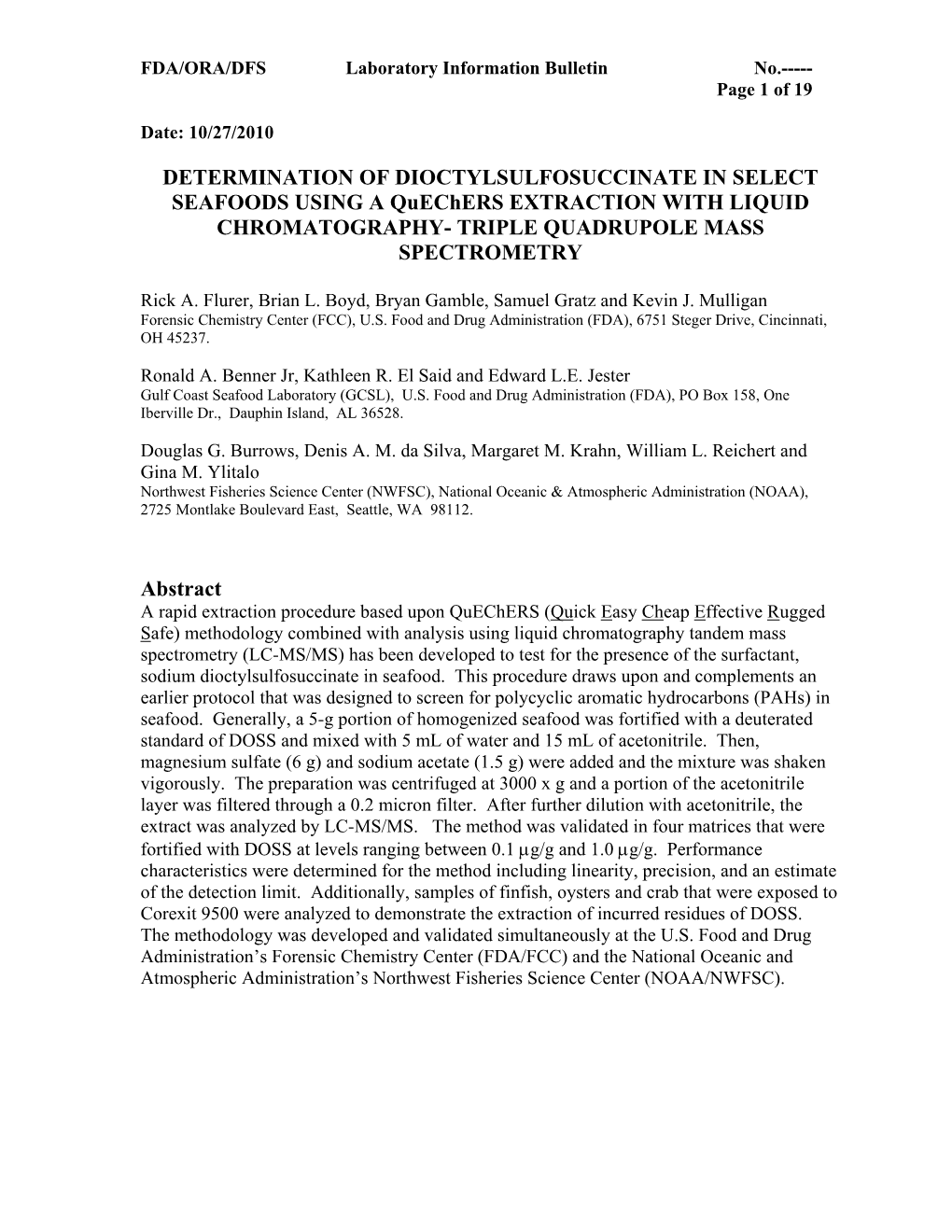 Determination of Dioctylsufosuccinate in Select Seafoods