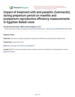During Prepartum Period on Mastitis and Postpartum Reproductive Efciency Measurements in Egyptian Baladi Cows