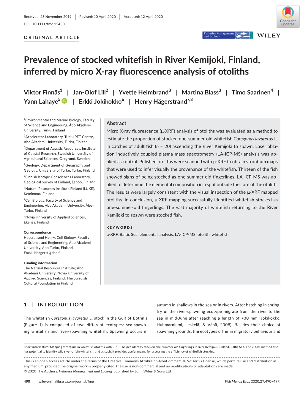 Prevalence of Stocked Whitefish in River Kemijoki, Finland, Inferred by Micro X-Ray Fluorescence Analysis of Otoliths