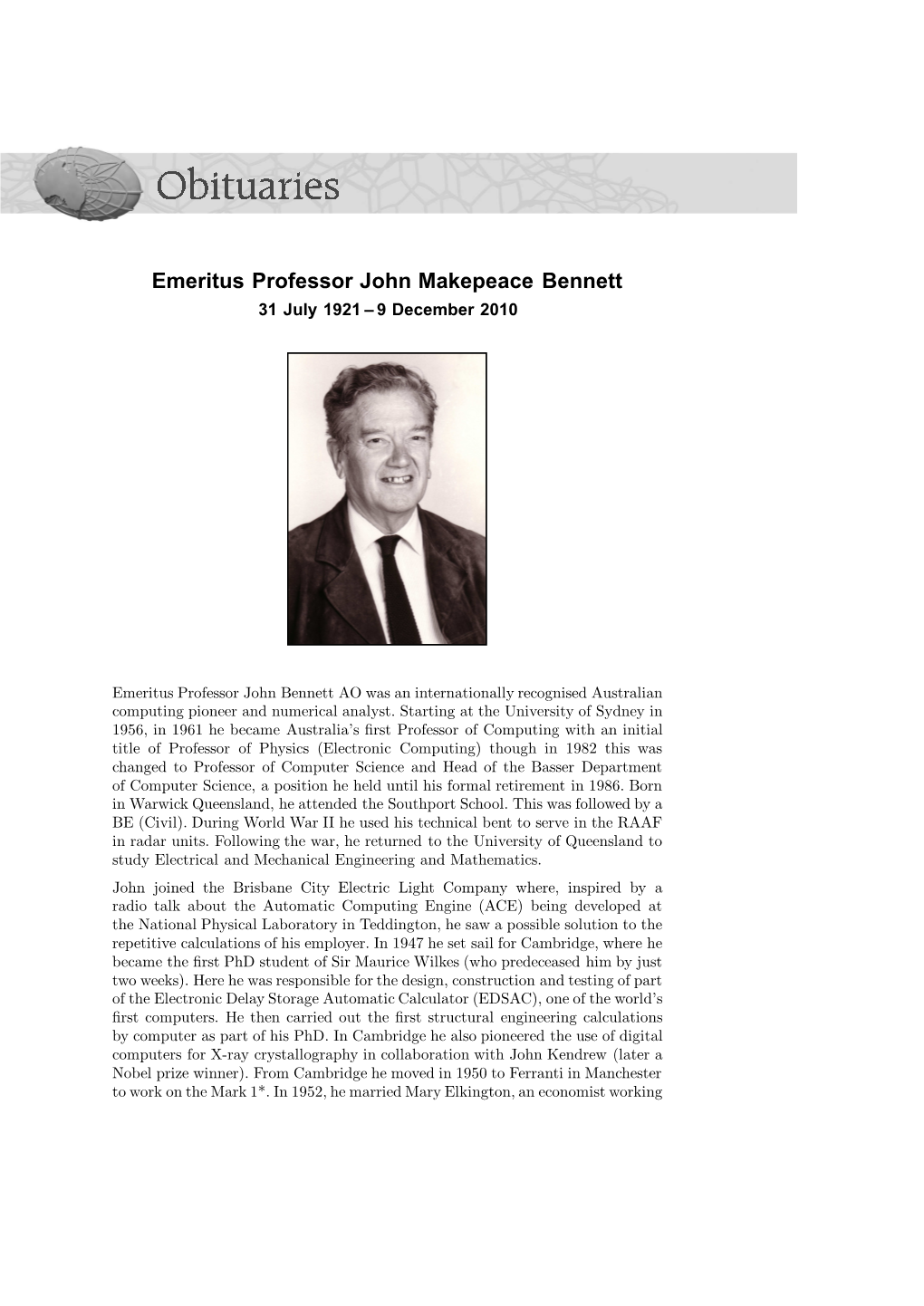 Emeritus Professor John Makepeace Bennett 31 July 1921 Œ 9 December 2010