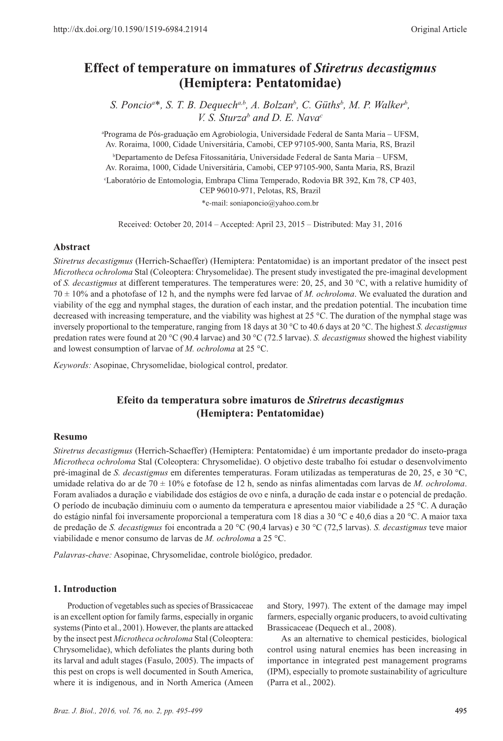 Effect of Temperature on Immatures of Stiretrus Decastigmus (Hemiptera: Pentatomidae) S