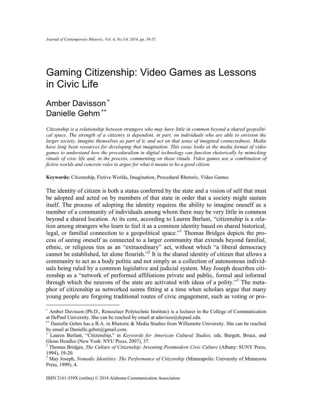 Gaming Citizenship: Video Games As Lessons in Civic Life