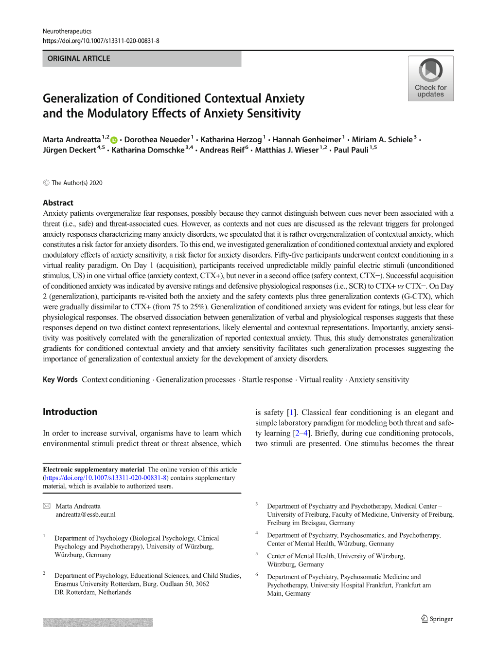 Generalization of Conditioned Contextual Anxiety and the Modulatory Effects of Anxiety Sensitivity