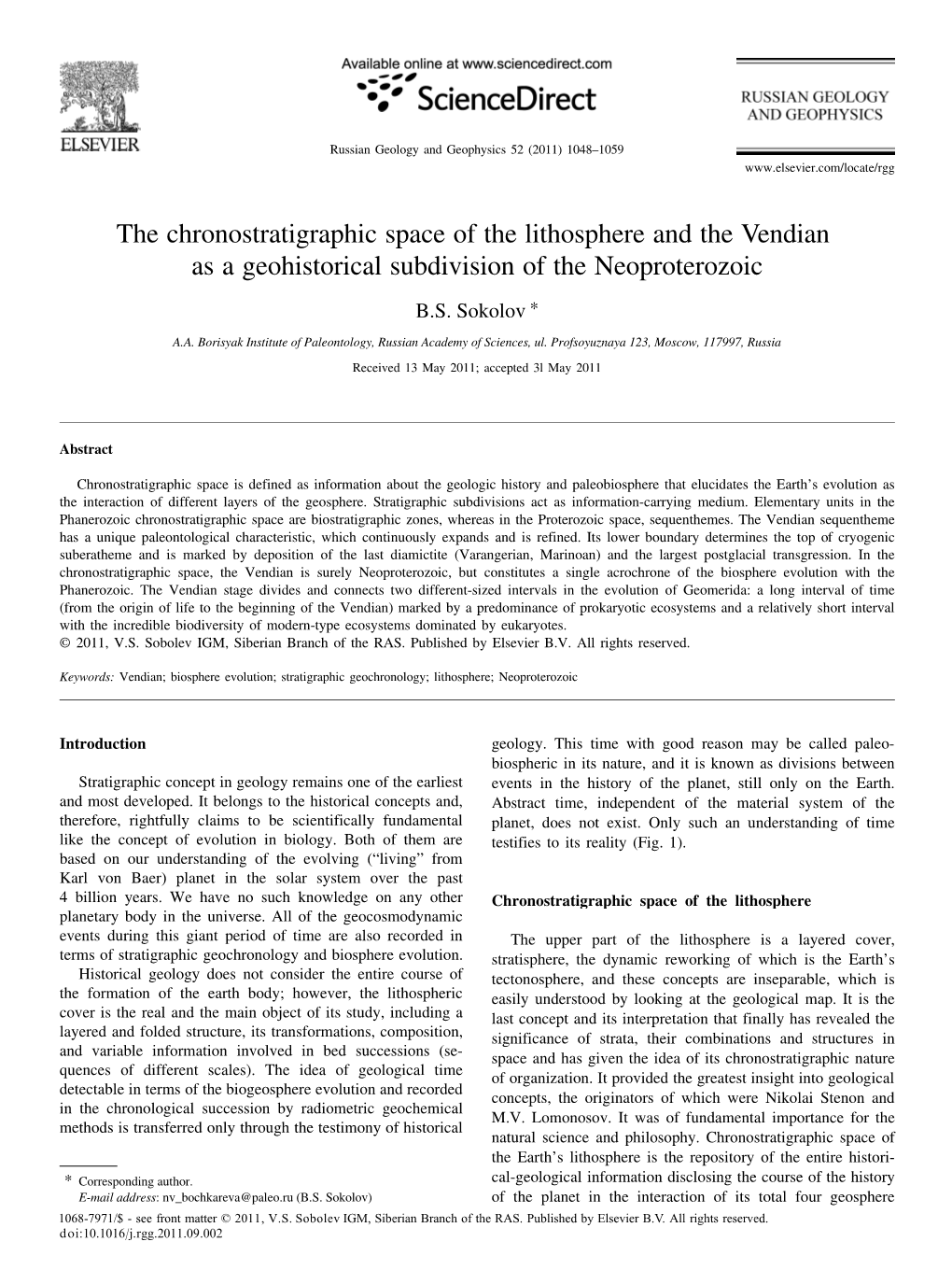 The Chronostratigraphic Space of the Lithosphere and the Vendian As a Geohistorical Subdivision of the Neoproterozoic