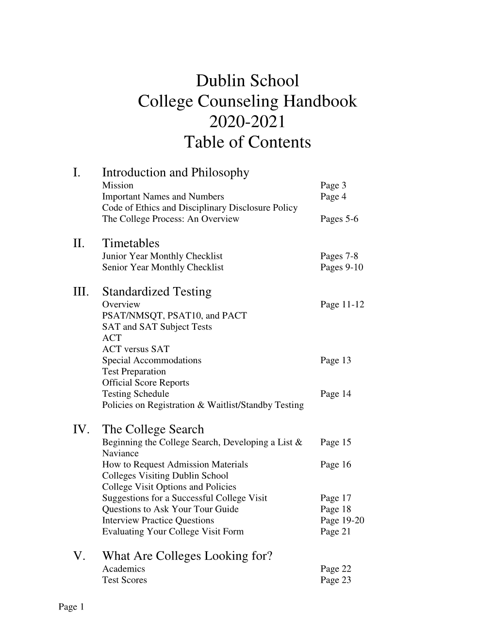 Dublin School College Counseling Handbook 2020-2021 Table of Contents